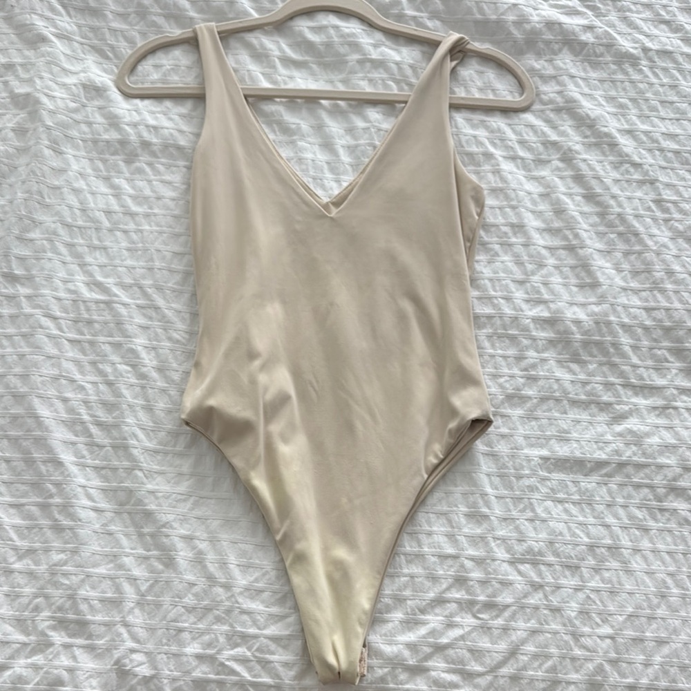 Cream V-Neck One-Piece Swimsuit